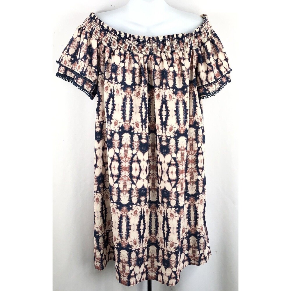 Ruffle Crochet Off Shoulder Shift Mini Dress L Ivory/Blue TyeDye Smocked Boho